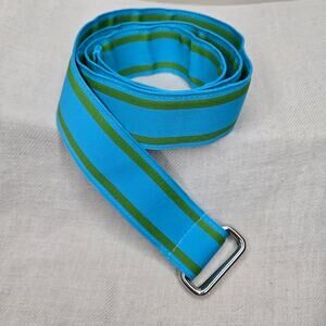 LANDS END Aqua Blue & Green Striped Grograin Ribbon Belt w/ Silver Rings Size XL